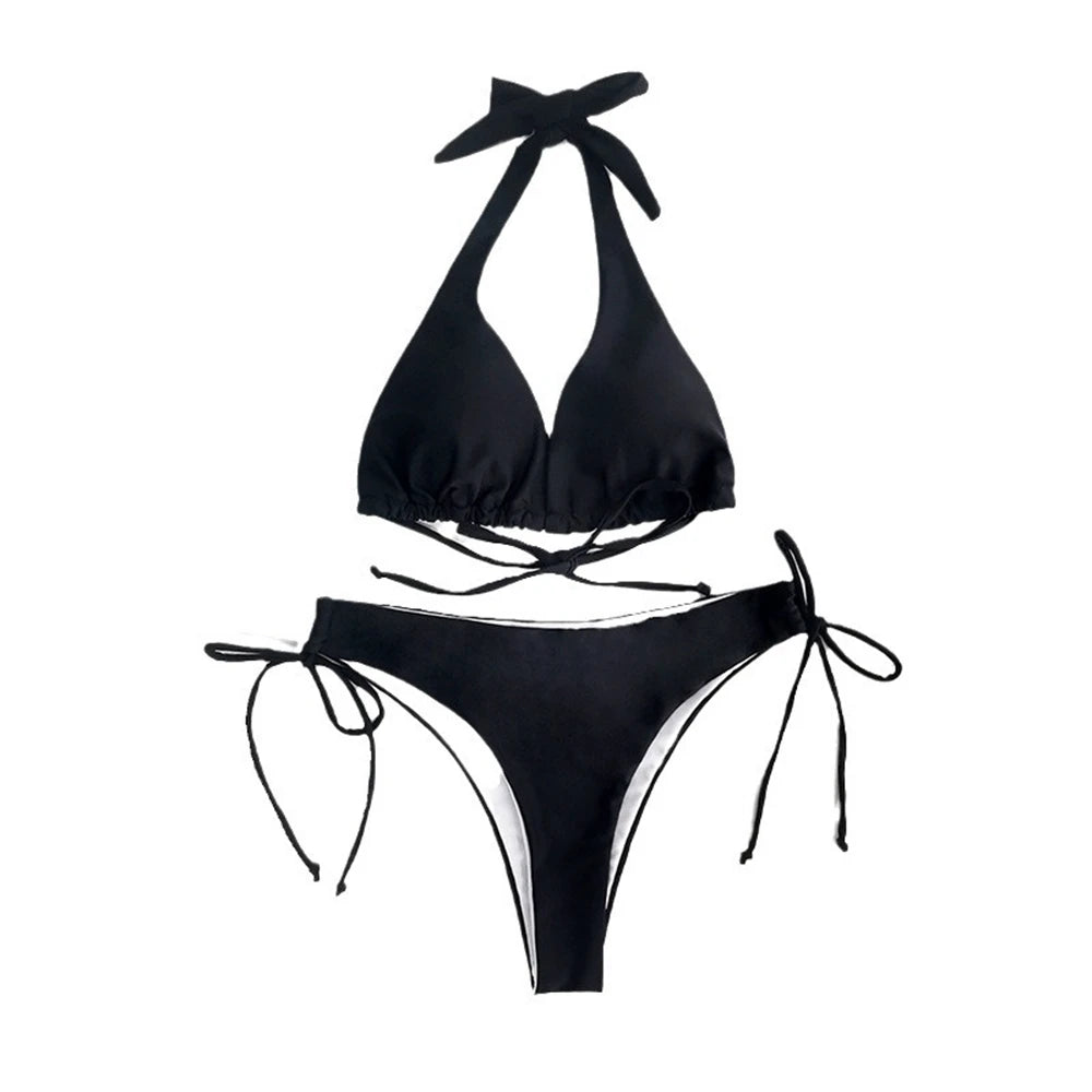 Sexy Halter Bikini Swimsuit Women Low Waisted 2025 New Black/Red/Rose Beach Bathing Suit Bandage Brazilian Swimwear Two Pieces