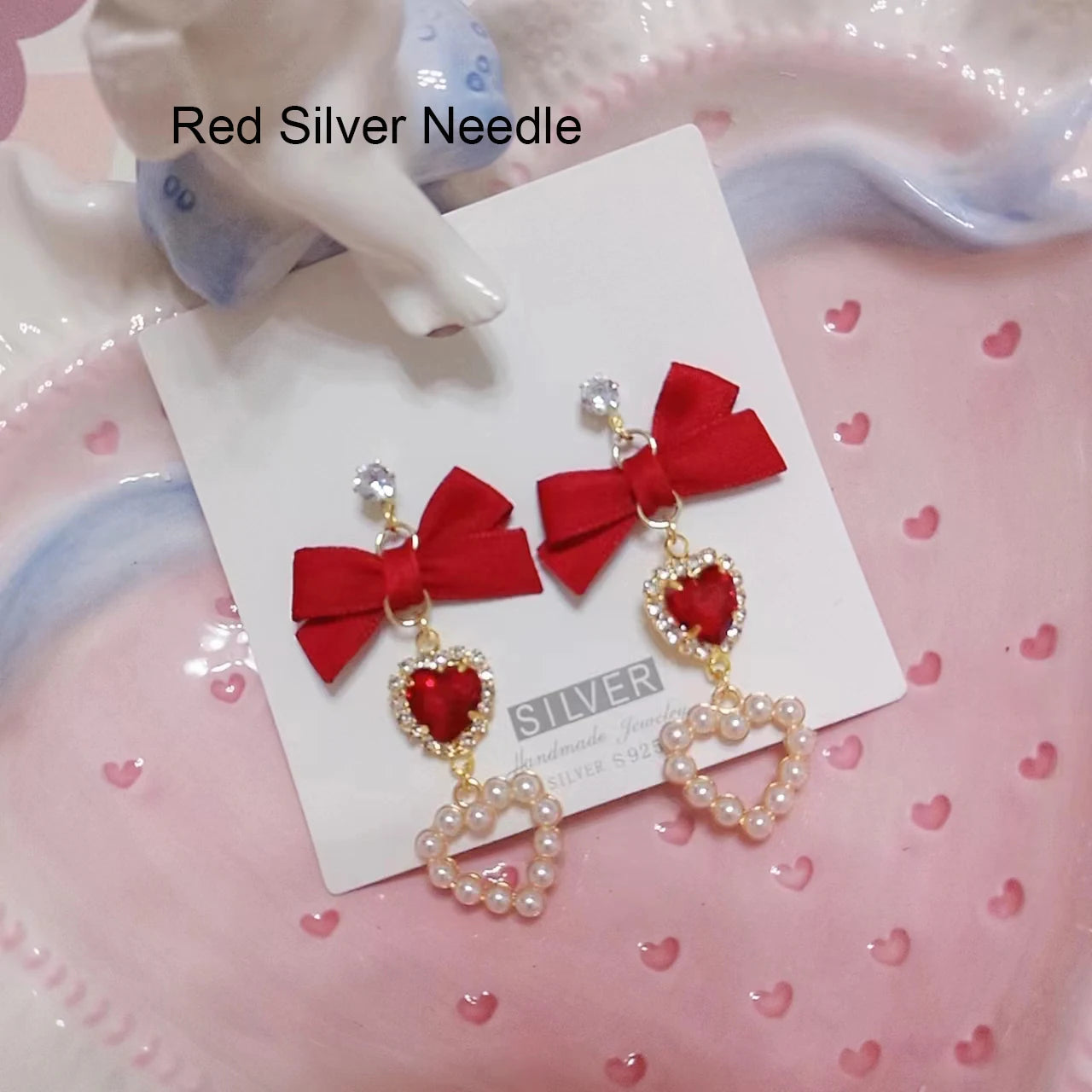 Lolita  Earrings Accessories for Women Lo Style Kawaii Bow Heart Earrings Clip/Needle Cute Women's Rhinestone Pearl