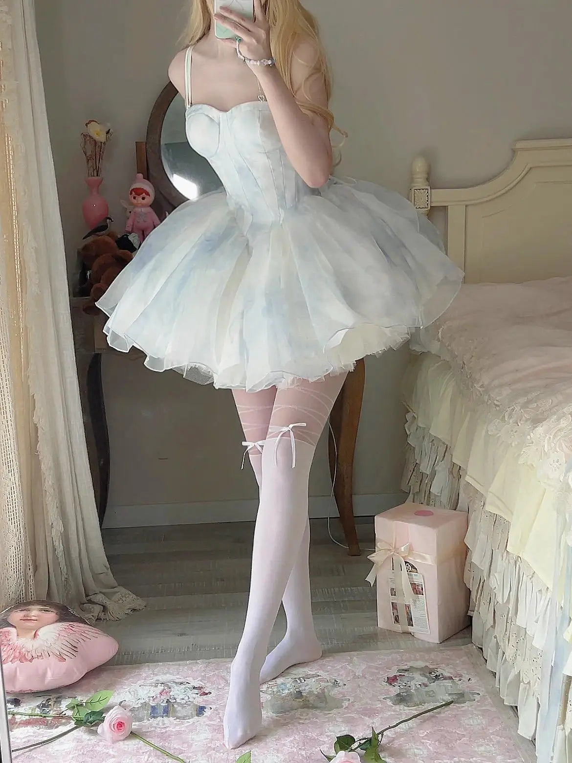 French Style Flower Wedding Dress Lolita Sweet Girl Women Fairy Tube Top Sling Dress with Long Cardigan Birthday Princess Dress