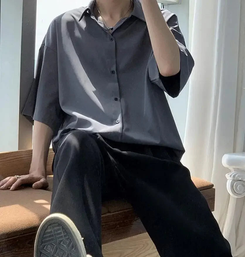 Clothes Short Sleeve Black Male Top Plain Men's Shirt And Blouse With Collar Korean Style Xxl Luxury Summer Original Silk Luxury