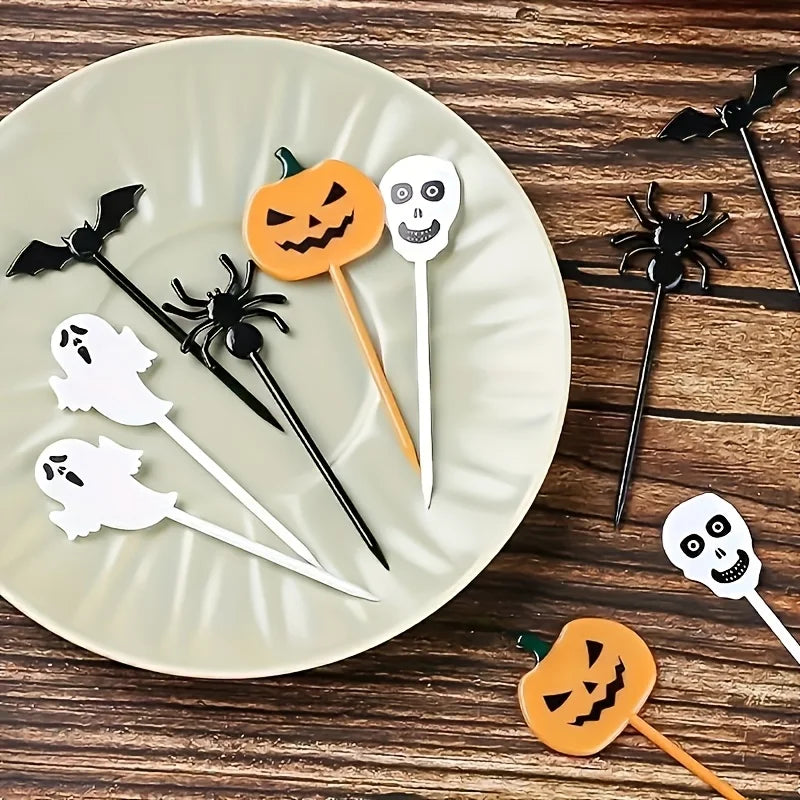 10/30/40PCS Plastic Halloween Toothpicks Halloween Cupcake Topper Ghost Bat Spider Fruit Toothpicks Halloween Party Cake Decorat