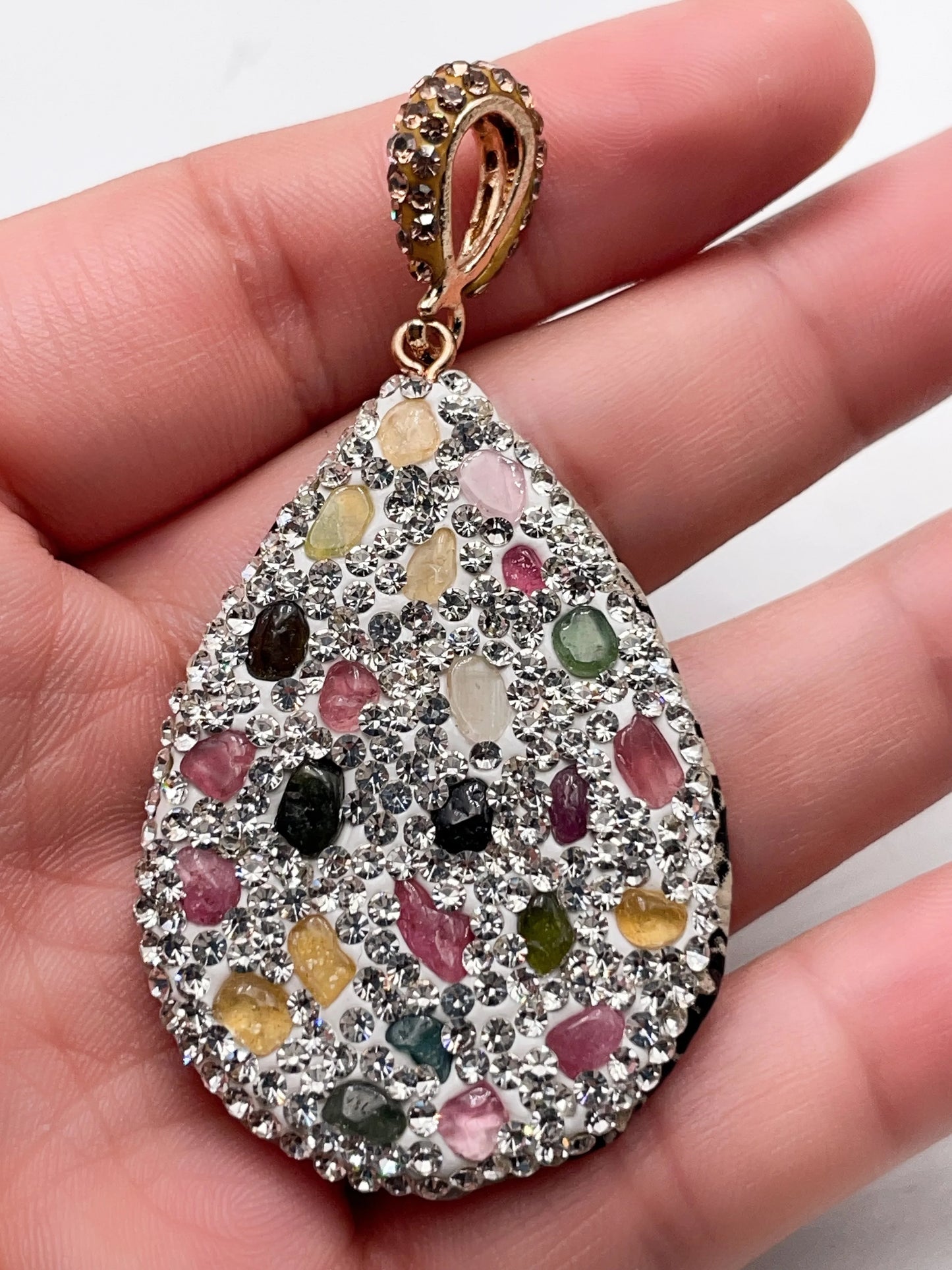 Micro Inlay Irregular Rainbow Tourmaline Pendant Jewelry for Women Girls Necklace Making with Clear Rhinestone