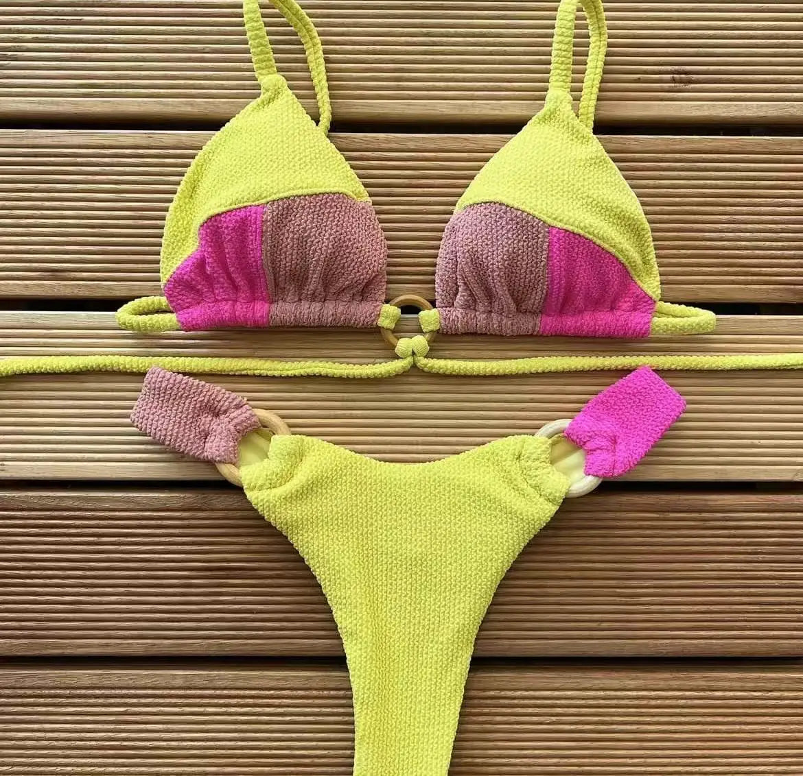 Sexy Neon Green Bikini Set 2025 Tassel Drawstring Side Thong Swimsuit Women Summer Push Up Swimwear Bathing Suit Beach Wear