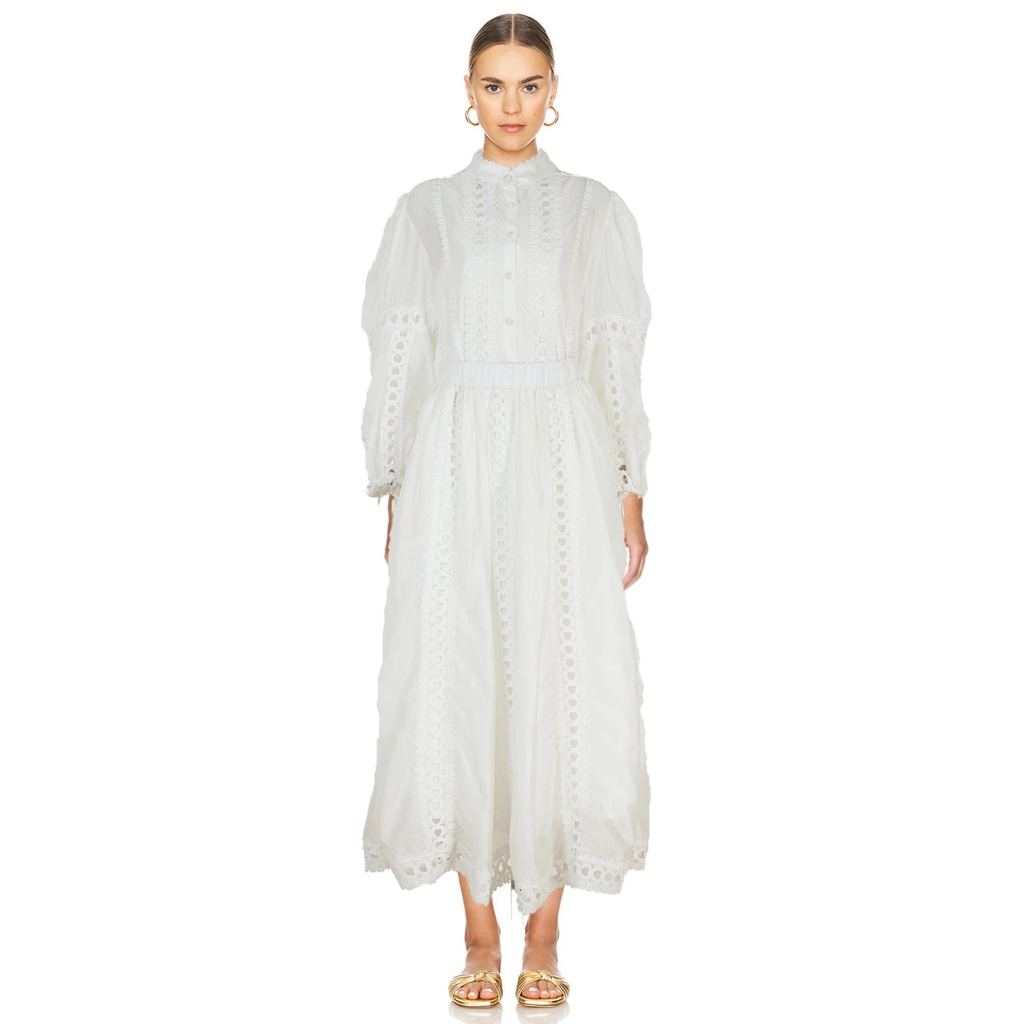 Elegant Embroidery Long Dress 2 Piece Set Women Summer Autumn Hollow Out Crochet Shirts Elastic Waist Long Maxi Skirt Suits