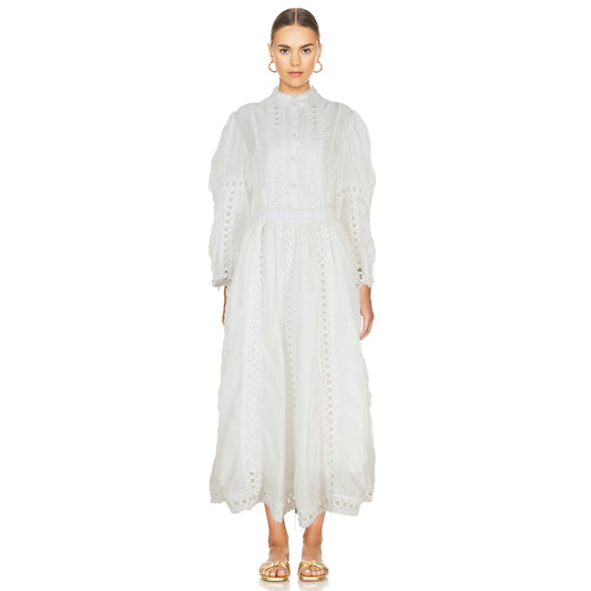 Elegant Embroidery Long Dress 2 Piece Set Women Summer Autumn Hollow Out Crochet Shirts Elastic Waist Long Maxi Skirt Suits