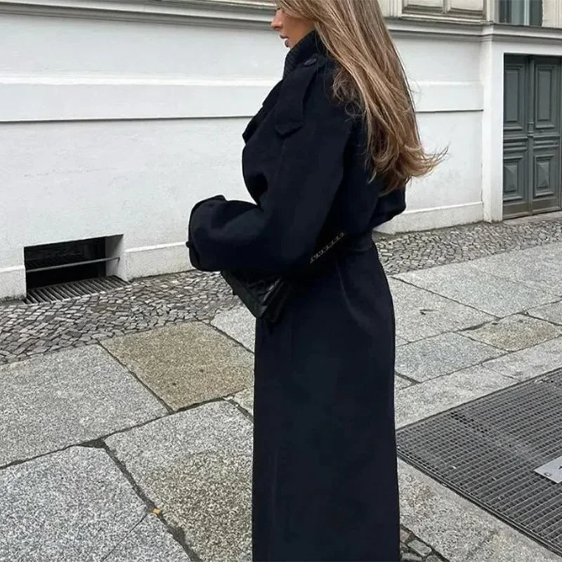 Elegant Woolen Long Coats Women Double-breasted Turn-down Collar Full Sleeves Jackets 2025 Autumn Winter Fashion Outwears Lady