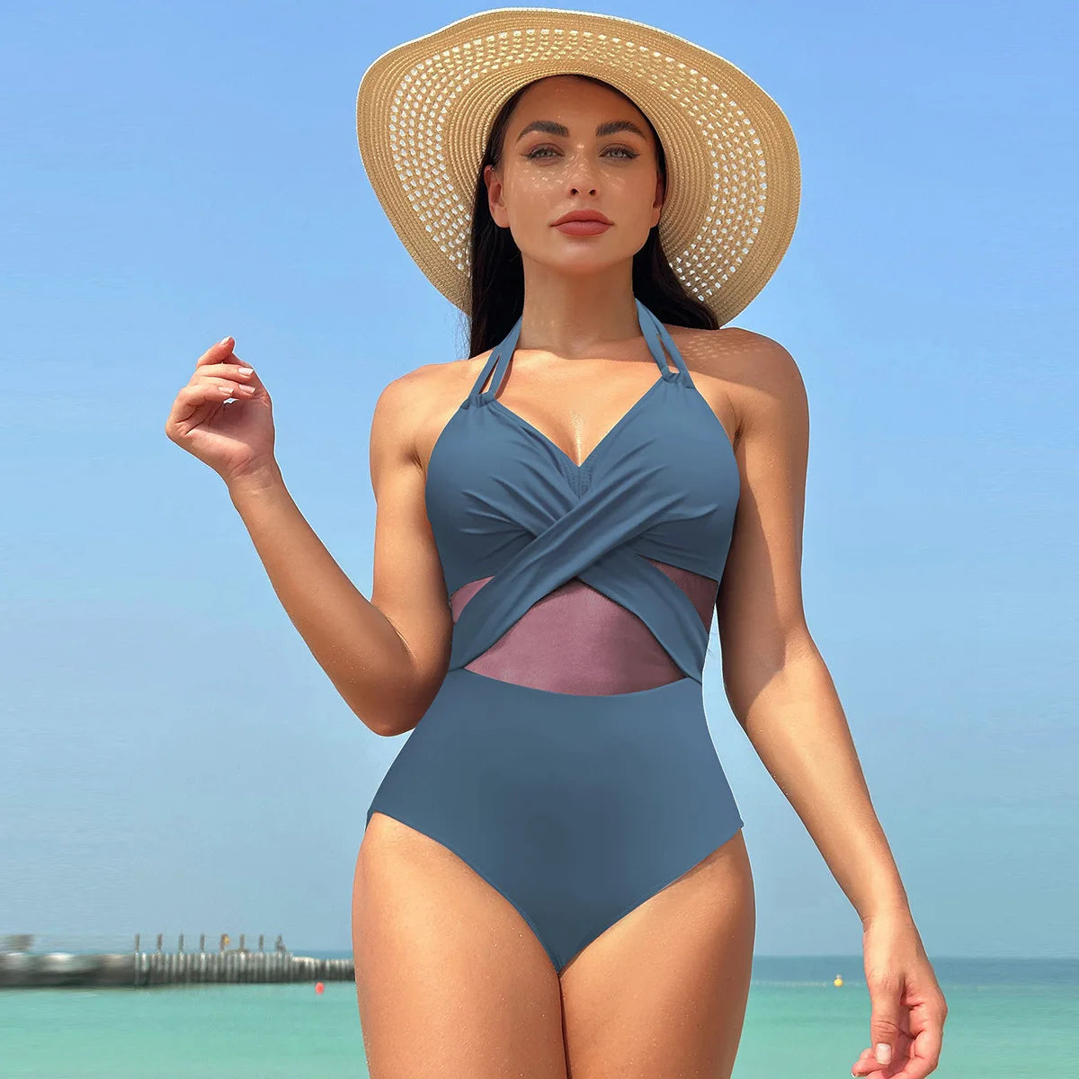 Sexy One Piece Swimsuit Women's Pure Color Mesh Bikini Swimsuit Summer New