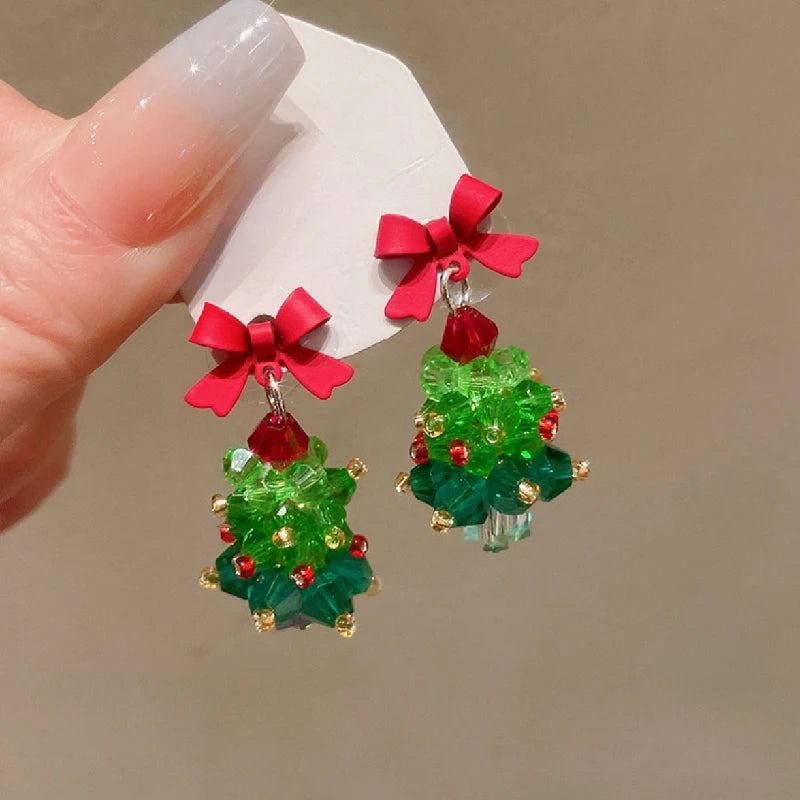 Red Bow Christmas Tree Drop Earrings for Women Silver Plated Needle Girl Party Jewelry New Year Gift