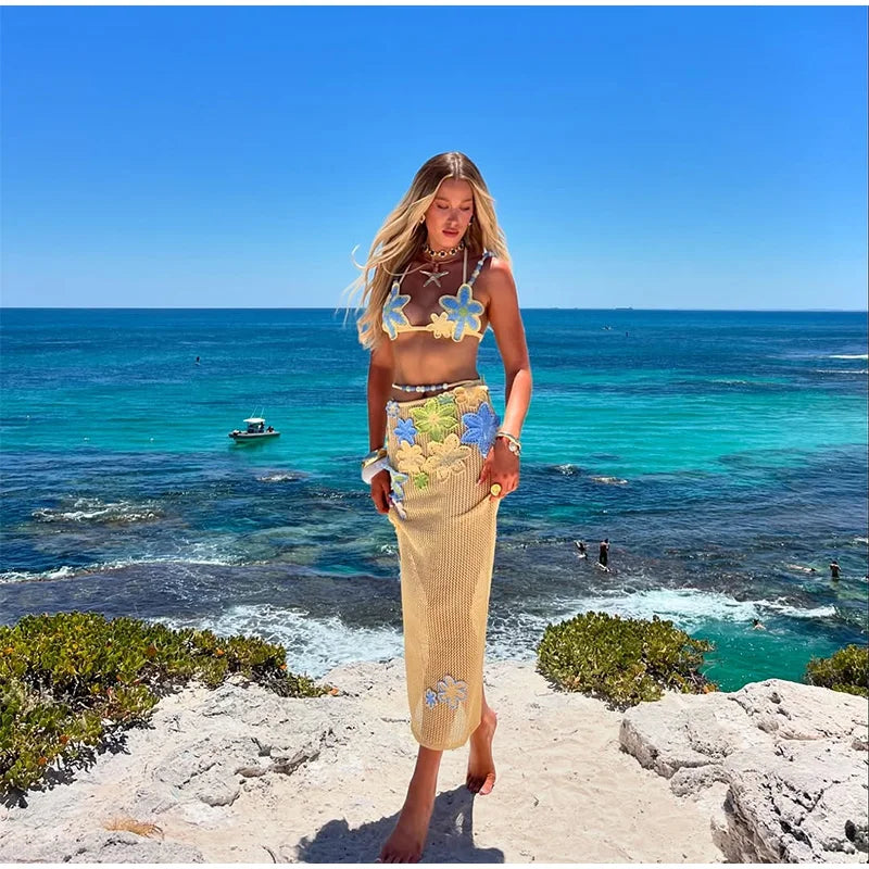 Sexy Beach Women's Set Beading Flower Crochet Crop Top Slim Maxi Skirt Female Suit 2025 Summer Hollow Out Knit Lady Dress Sets