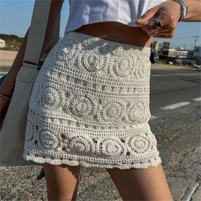 Women Hollow Out Crochet Knit Mini Skirt Lady Summer Boho Geometric Pattern High Waisted Beach Vacation A-Line Skirt with Lining