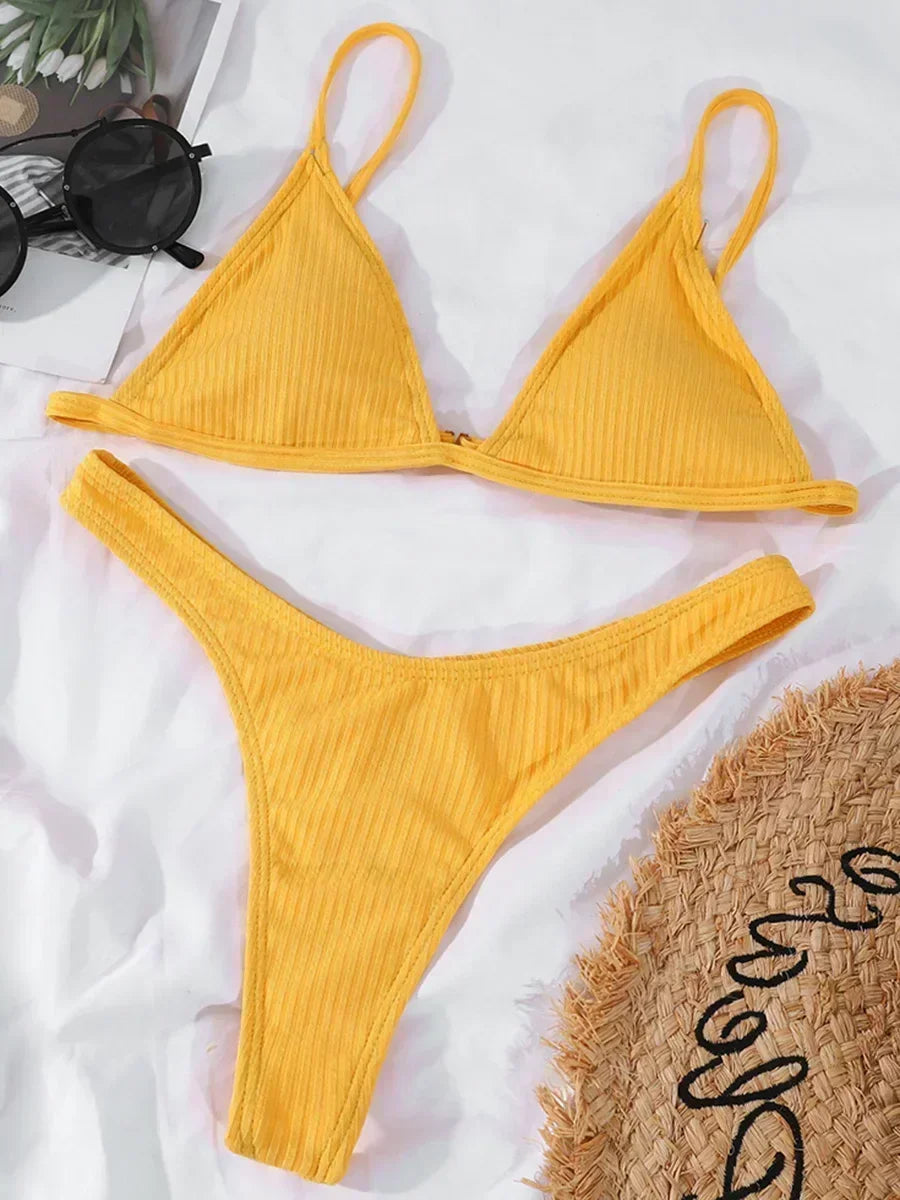 Bandeau Tanga Bikinis Ribbed Bikini 2025 Sexy High Cut Bikini Set Brazilian Swimsuit Thong Swimwear Women Girls Swimming Suit