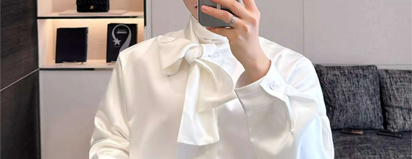 IEFB Korean Fashion Men's Shirt Bow Tie Design Loose Simple Fresh Long Sleeve Casual 2024 Spring Solid Color Male Tops 9C5081