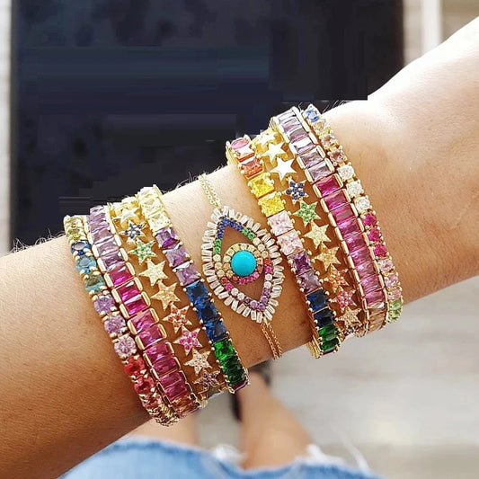 2025 High Quality Crystal Rainbow Geometry Bracelet Bangle For Women Paved Clear AAA Cz Luxury Gold Color Party Jewelry Gift