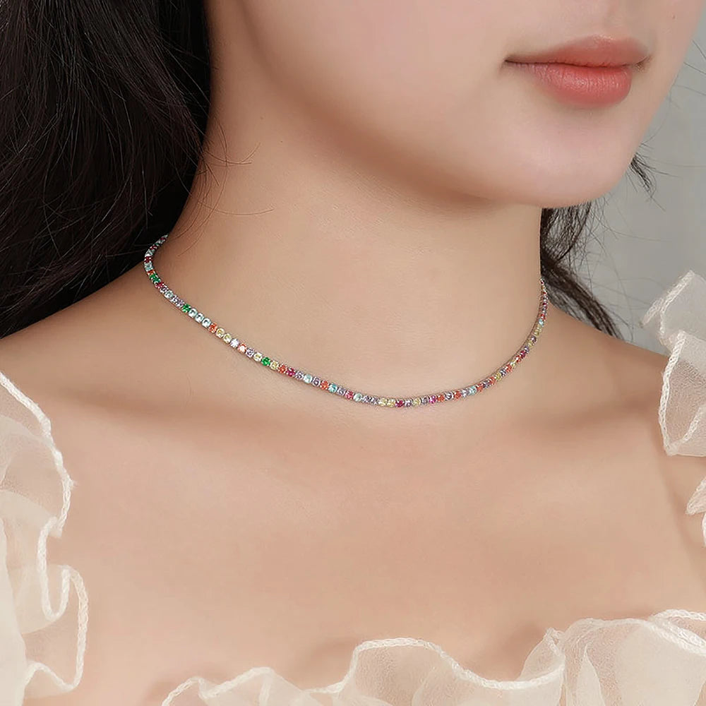 2.5/3mm Round Rainbow Tennis Necklace Bracelet for Women S925 Silver Colorful High Carbon Diamond Clavicle Choker Fine Jewelry