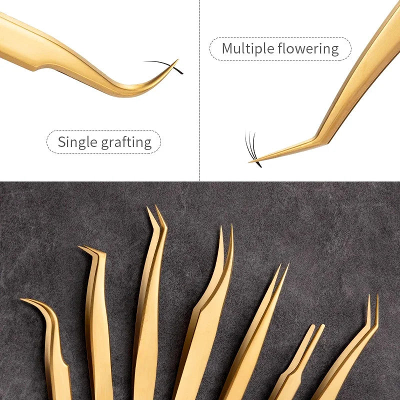 1PC Eyelash Tweezer For False Eyelash Extension Lash Fan Eyebrows Nail Art Clip Cilia Gold Stainless Steel Tweezers Makeup Tools