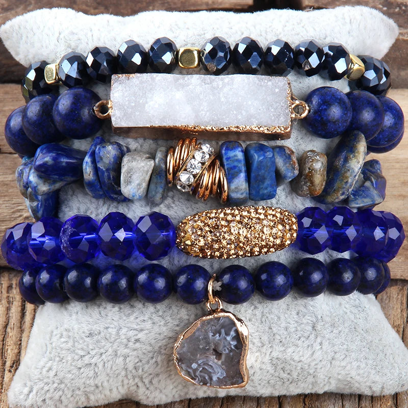 Fashion Designer Gemstone Crystal Glass Beaded Bracelet Sets Druzy Charm 5pc Stack Bracelet Bracelets Set For Women Jewelry Gift