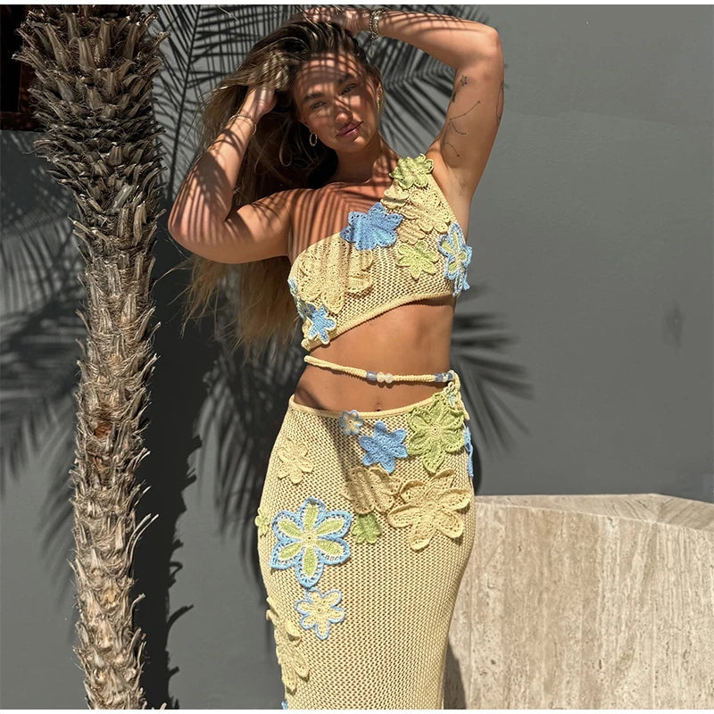 Sexy Beach Women's Set Beading Flower Crochet Crop Top Slim Maxi Skirt Female Suit 2025 Summer Hollow Out Knit Lady Dress Sets
