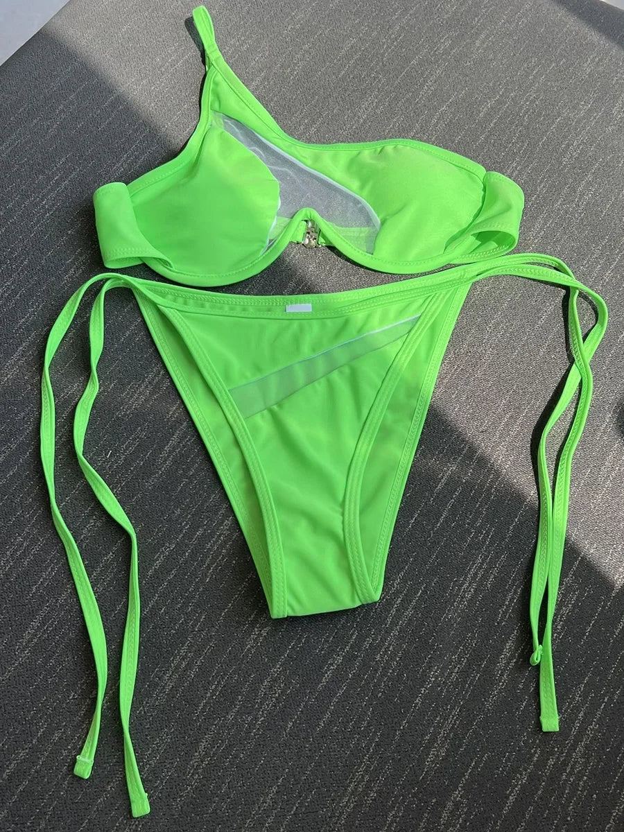 Splicing Mesh One Shoulder Underwire V-bar Bikini Women Swimsuit Female Swimwear Two pieces Bikini set Push Up Bathing suit Swim