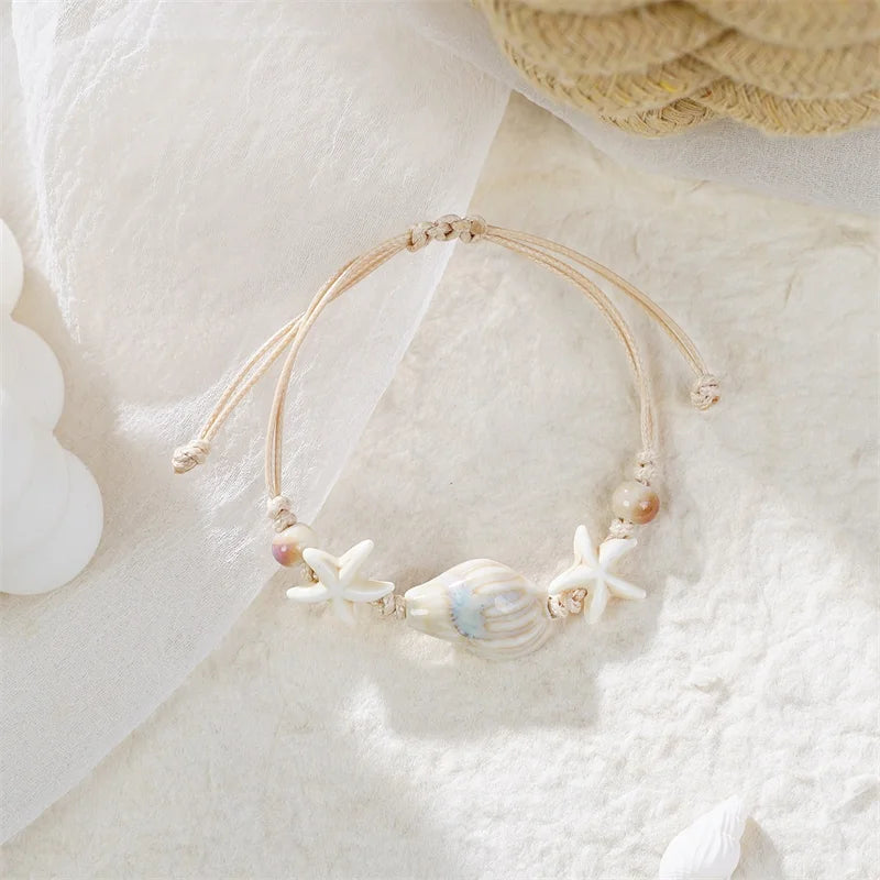 Bohemian Conch Starfish Shells Beaded Bracelets for Women Girls Boho Style Shell Beaded Beach Bangles Jewelry Gift Adjustable