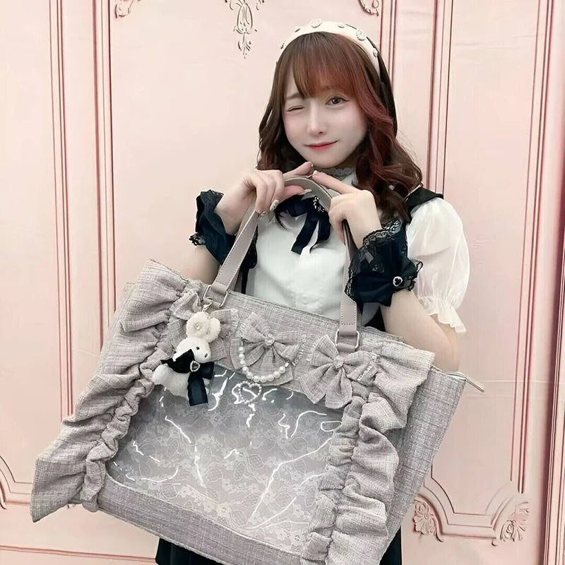 Japanese Style Mine Ita Bag Ruffled Lace Women Girls Rhienstone Pearl Bowknot Square Tote Shoulder Portable Bolso Handbags