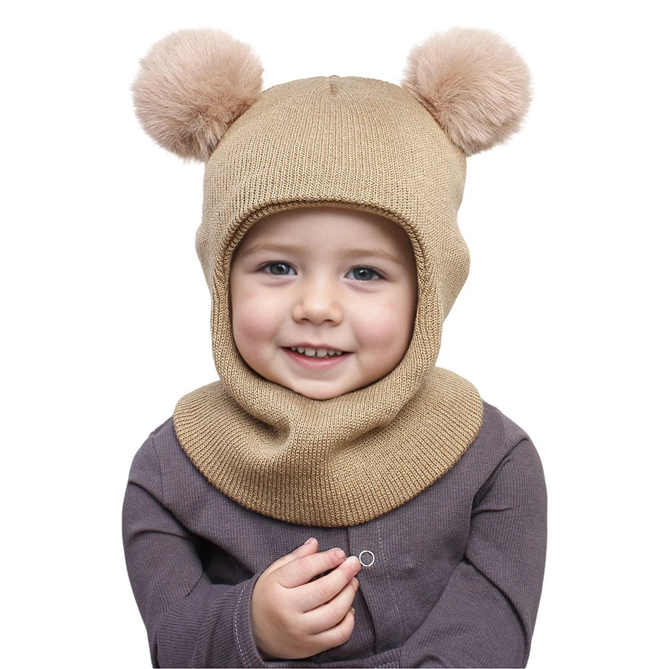 Kids Autumn Winter Pullover Hat Children's Double Ball Ear Protection One-piece Hats Baby Yarn Knit Cap Balaclava Christmas Gift