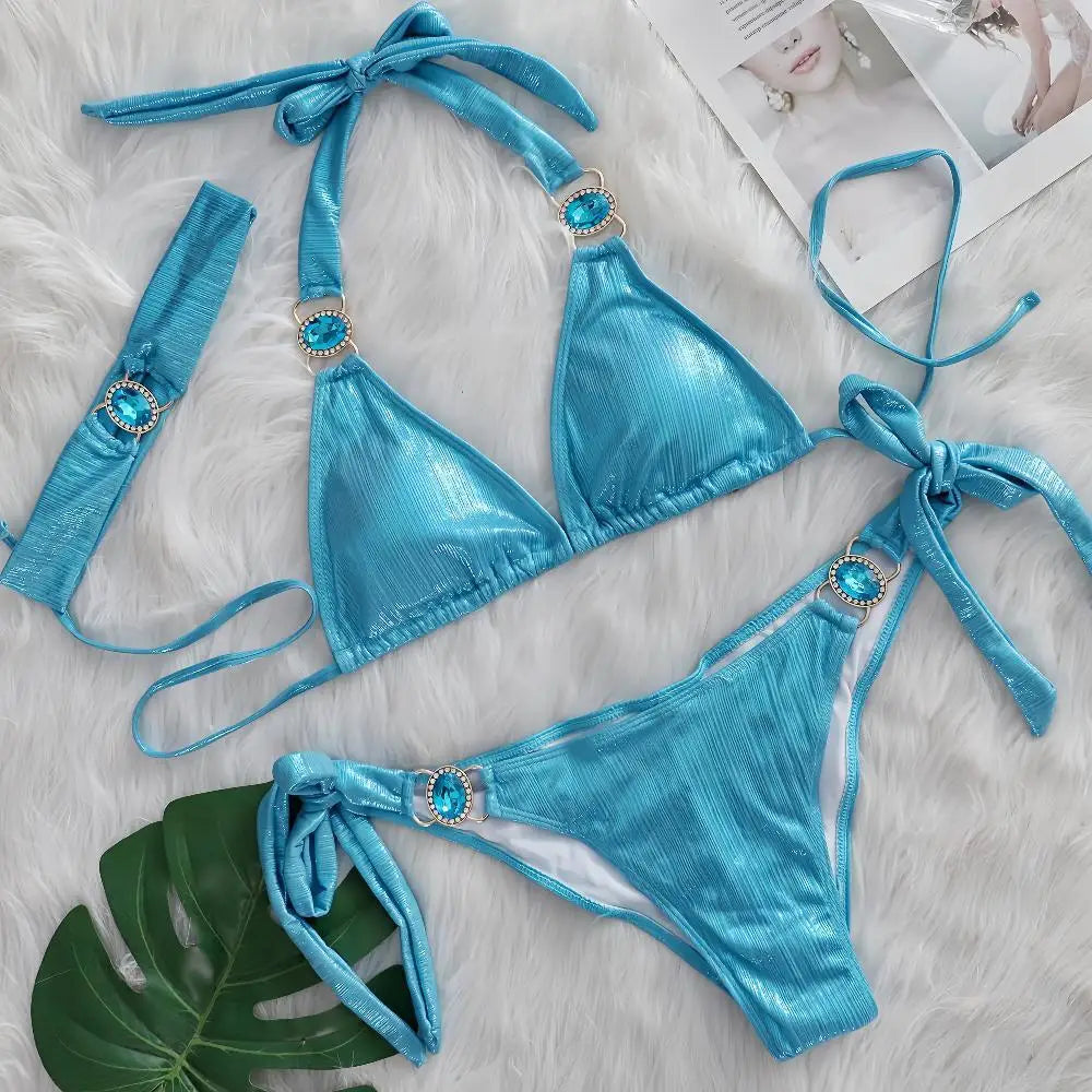 2025 New Diamond Rhinestone 3pcs Bikinis Set Crystal Patchwork Push Up Bandage Female Swimsuit with Hairband Bather Bathing Suit