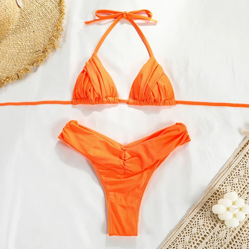 Bikini for Women Triangle Swimwear Bathing Suit Brazilian 2-Piece Folds Bikinis Set Solid Push Up Swimsuit New 2024