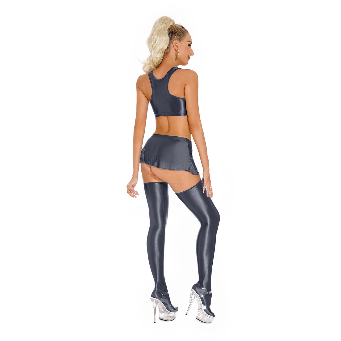 Womens Sexy Glossy Lingerie Set Oil Shiny Nightclub Outfit Crop Tank Tops with Mini Skirt Stockings Pole Dance Clubwear