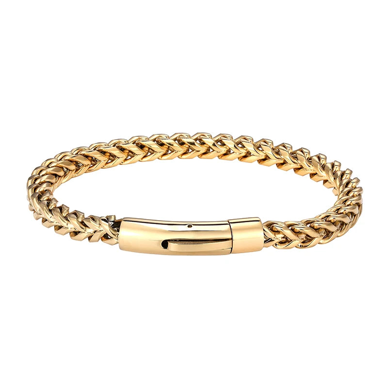 MKENDN Locomotive Men Punk Rock Bicycle Chain Bracelet 18k Gold Plated Stainless Steel Magnet Button Male Jewelry Gifts