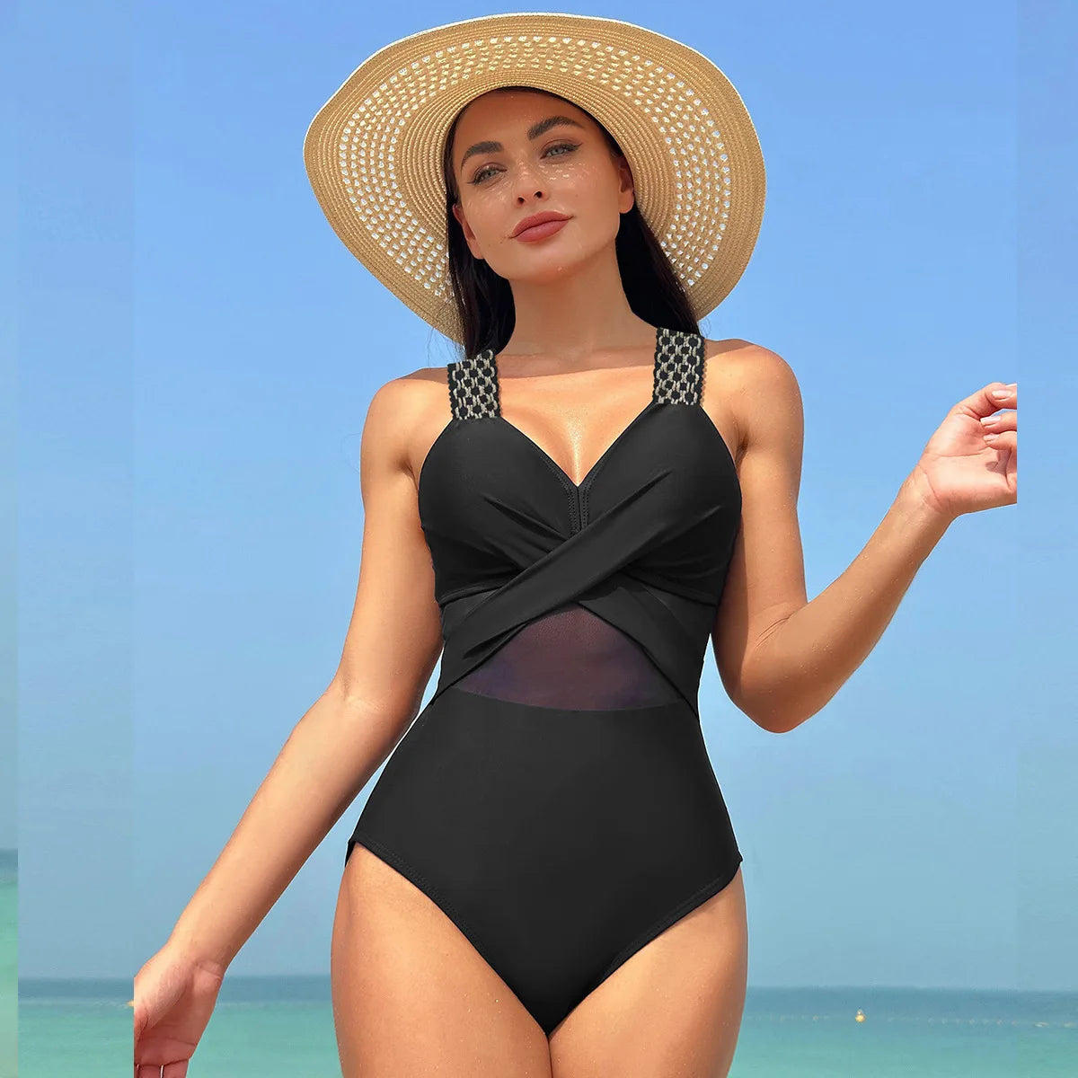 Sexy One Piece Swimsuit Women's Pure Color Mesh Bikini Swimsuit Summer New