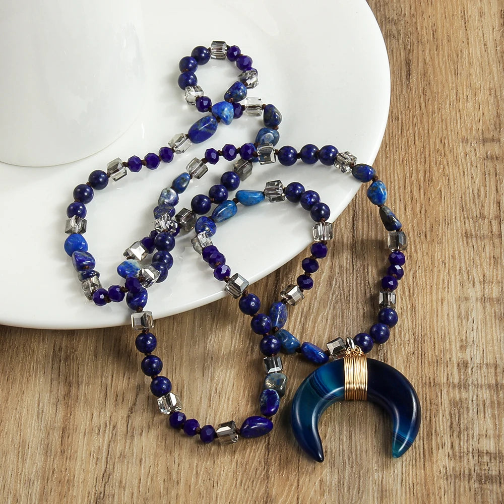 New Natural Crystal Aventurine Jade Agate Bull Horn Pendant 6mm Natural Stone Glass Knot Necklace Sweater Chain Women's Gift