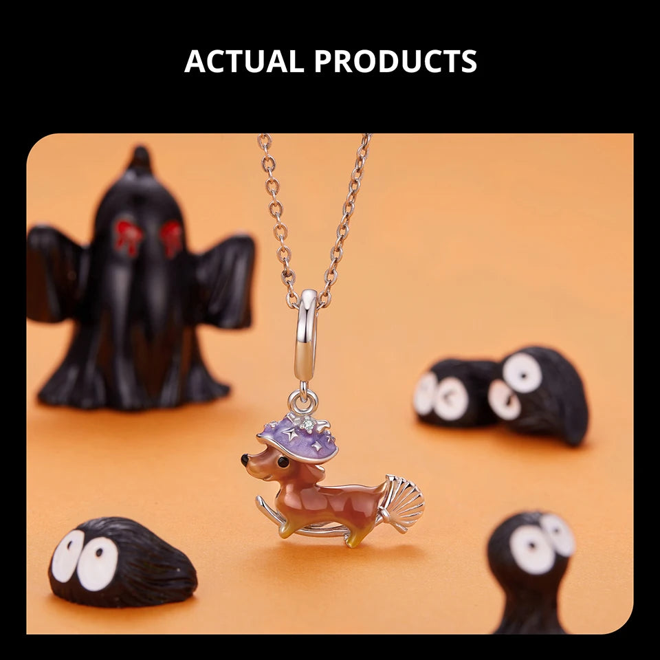 BISAER 925 Sterling Silver Halloween Skull & Pumpkin Charm Bead Pumpkin Cat Magic Crystal Pendant for Women DIY Bracelet Jewelry