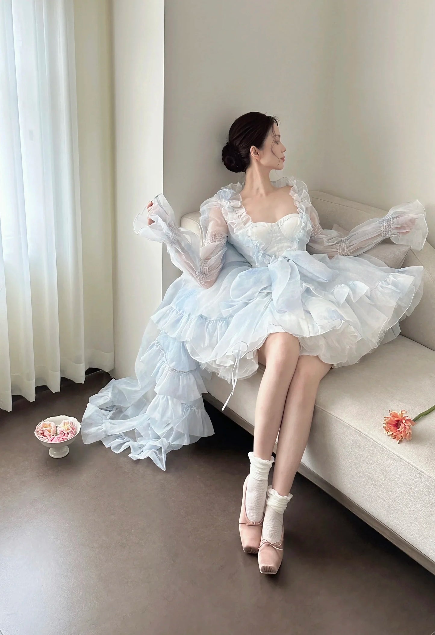 French Style Flower Wedding Dress Lolita Sweet Girl Women Fairy Tube Top Sling Dress with Long Cardigan Birthday Princess Dress