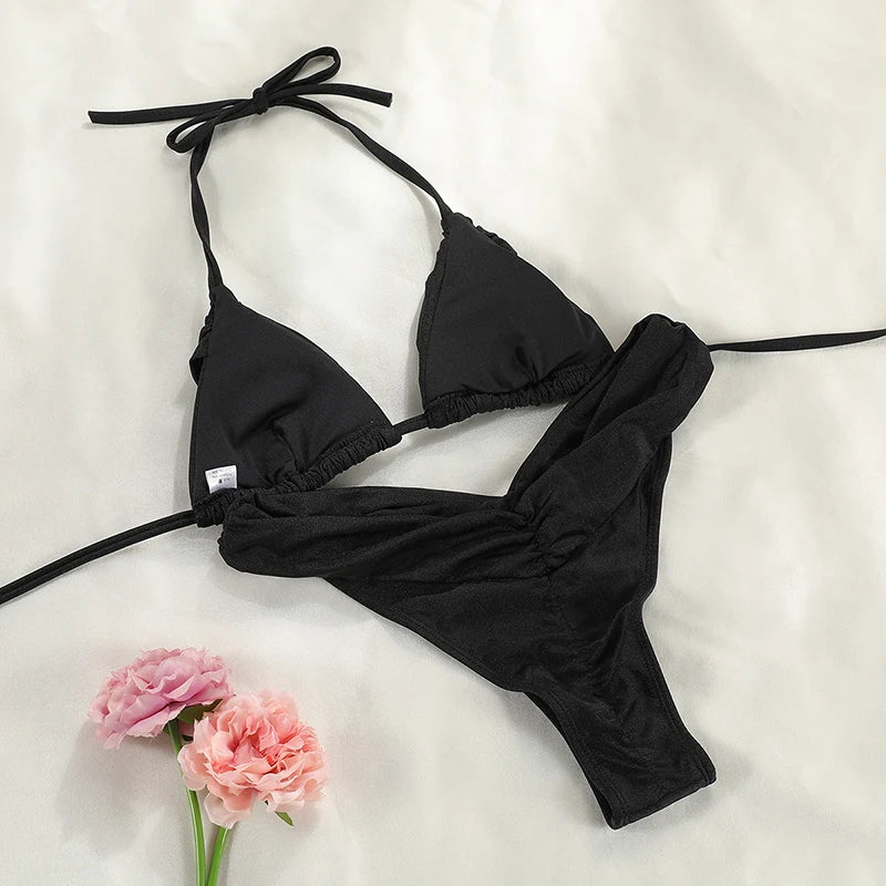 Sexy Folds Bikini Set Solid Micro Bikinis Women Swimsuit Female Triangle Swimwear Beach Wear Bathing Suit