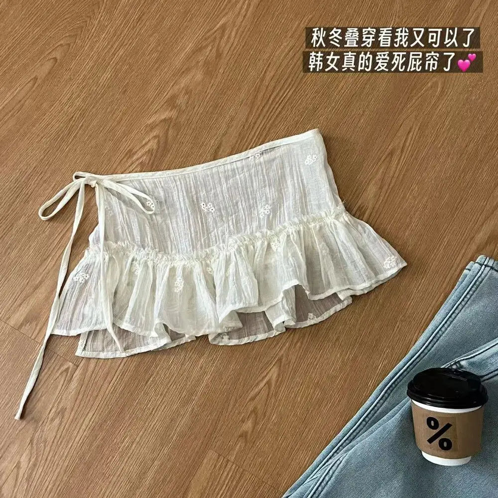 Mini Skirt Women 2025 Faldas Mujer De Moda Chic Saia Solid Color Korean Sweet Jupe Bandage Ruffles Cute Y2k Skirts New Bottoms