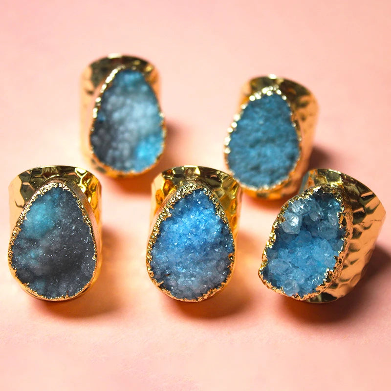 Elegant Crystal  Irregular Raw Druzy Stone Ring Gold Plated Boho Wide Open Finger Jewelry for Women Men Party Wedding