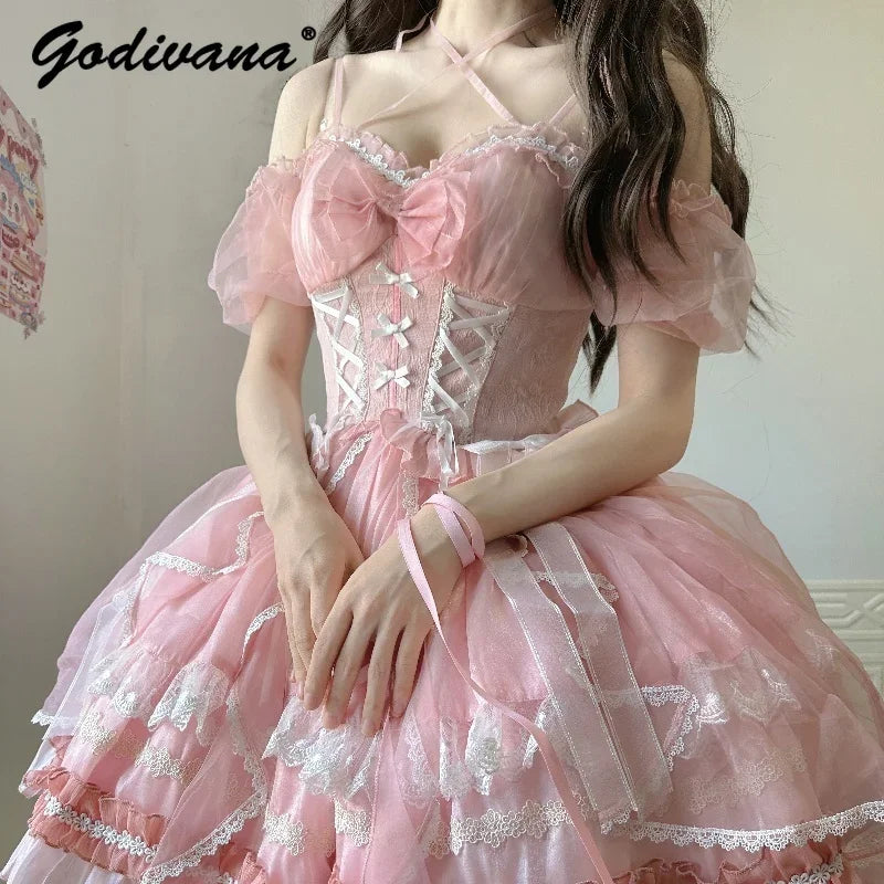Lolita Sweet Girl Princess Dress Spring and Summer Off Shoulder Women's Short Sleeve Slim OP/JSK Short Ball Gown Dress
