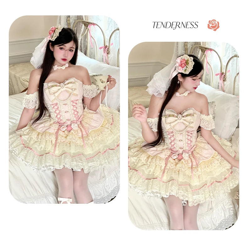 Original Romantic Atmosphere Cute Girls Skirt Sets 2025 Spring and Summer Sweet Lolita Tube Top Slim Top and Skirt 2-piece Set