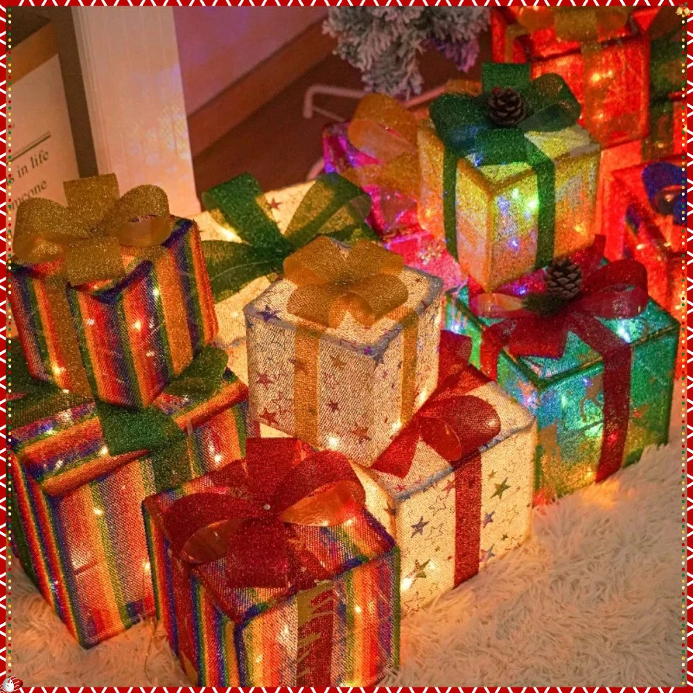 2025 Christmas Gift Box with LED Light String Warm Light Colored Light 3pcs Gift Box Christmas DIY Props Decoration Gift Boxs
