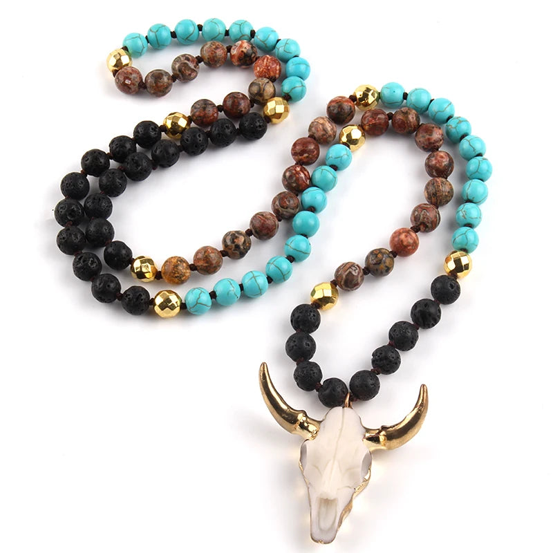 Fashion Bohemian Jewelry Sem Stone Knotted Horn Pendant Necklace For Women Boho Ethnic Necklace Gift