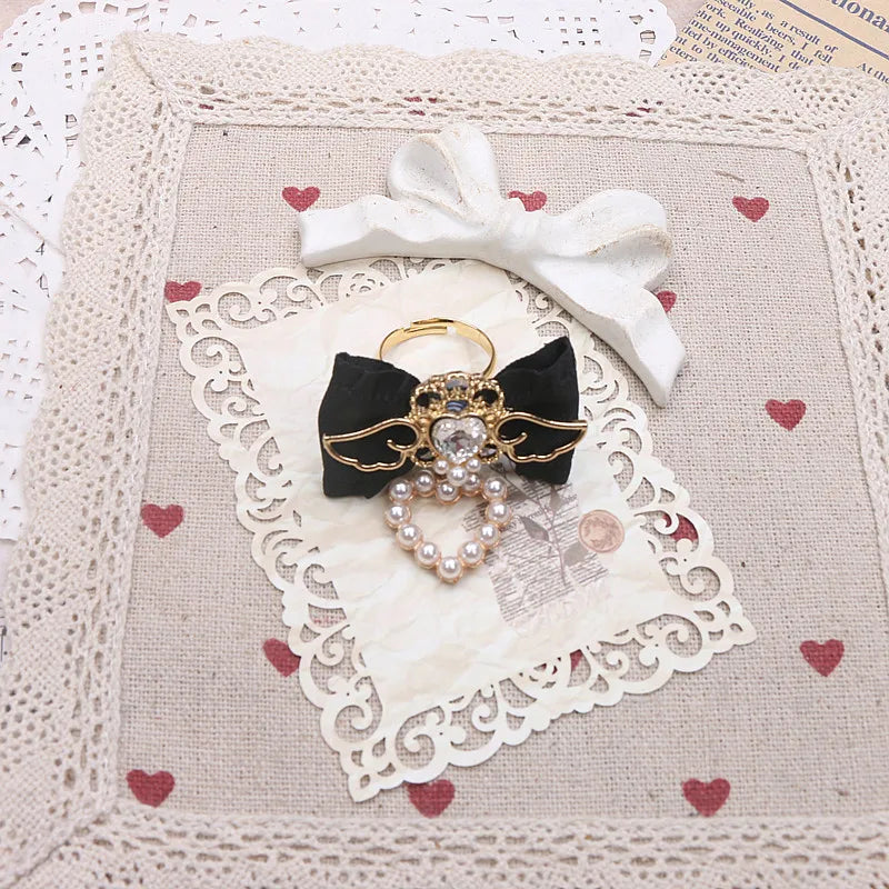 Unique Handmade Women's Rings Lolita Gothic Accessories Sweet Cute Wings Bow with Heart Pendant Jirai Ring for Y2K Girl
