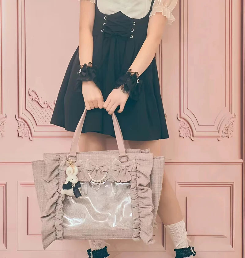 Japanese Style Mine Ita Bag Ruffled Lace Women Girls Rhienstone Pearl Bowknot Square Tote Shoulder Portable Bolso Handbags