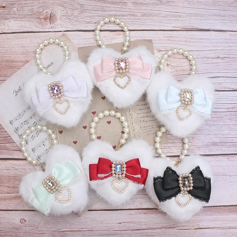 Romantic Bag Ornament Plush Heart Pearls  Keychain Bag Decor Keyring Sweet Ita Bag Pendant Handmade Bow Accessories Keychain