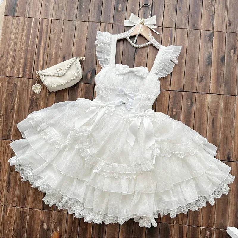 Original Design New Summer Lolita Dress Women's Sweet Flower Wedding Lace Bowknot JSK Sling Dress Black and White Princess Dress