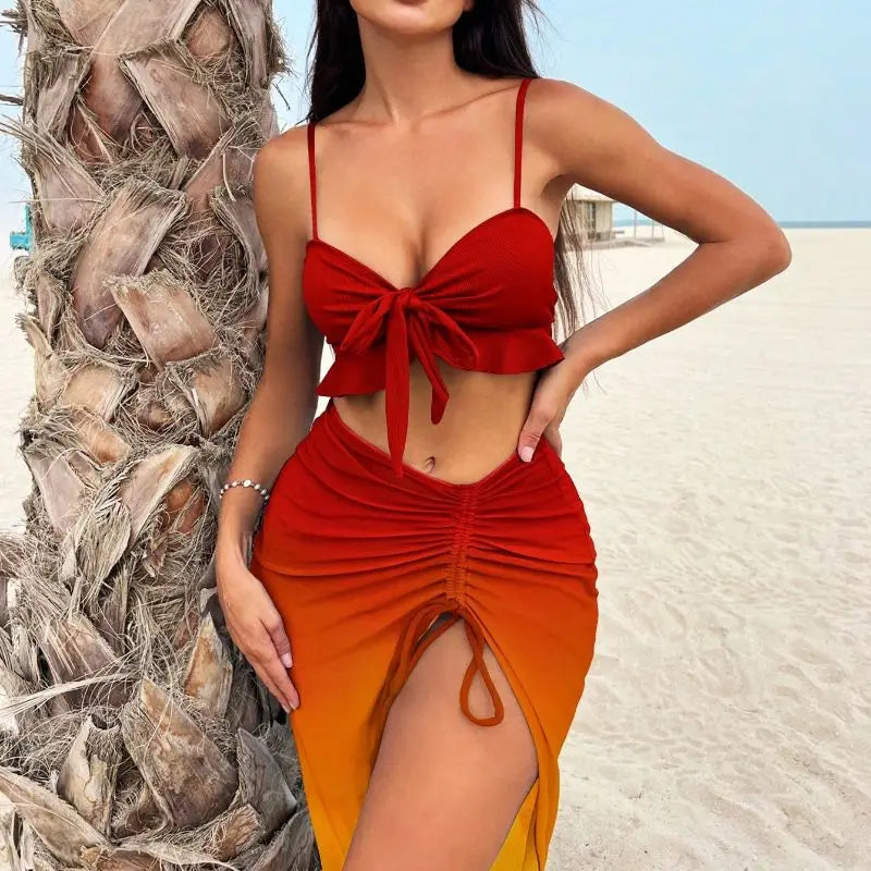 Cikini Sexy Gradient Color Three Piece Swimsuit Mesh Bikinis Set Summer Beach Swimwear Bathing Suit For Women