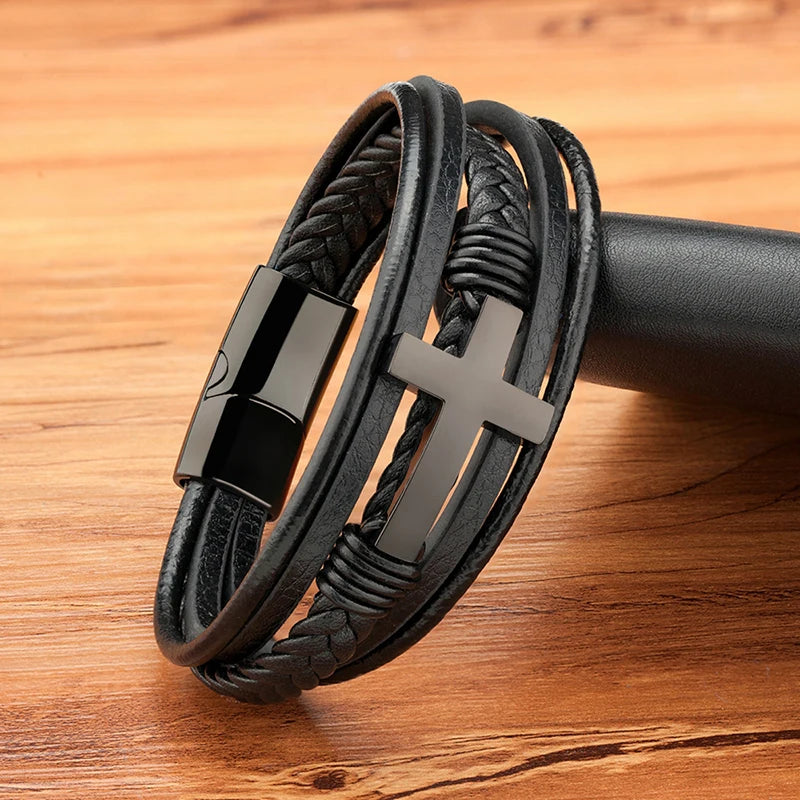 Men's Cross Bracelets Luxury Design Stainless Steel Bangles Classic Leather Bracelet Men Accessories Wrist Band Male Gift