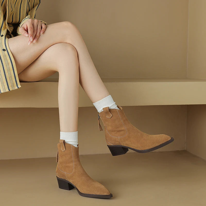 2025 Autumn Winter Trend Cow Suede Women Western Boots Black Brown Khaki Purple Green Burgundy Pointed Toe Ladies Ankle Boots