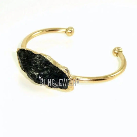 Raw Tourmaline Arm Cuff Bracelet Black Jet Stone Crystal Stainless Steel K Gold Color Bangle for Women Boho Jewelry Accessaries