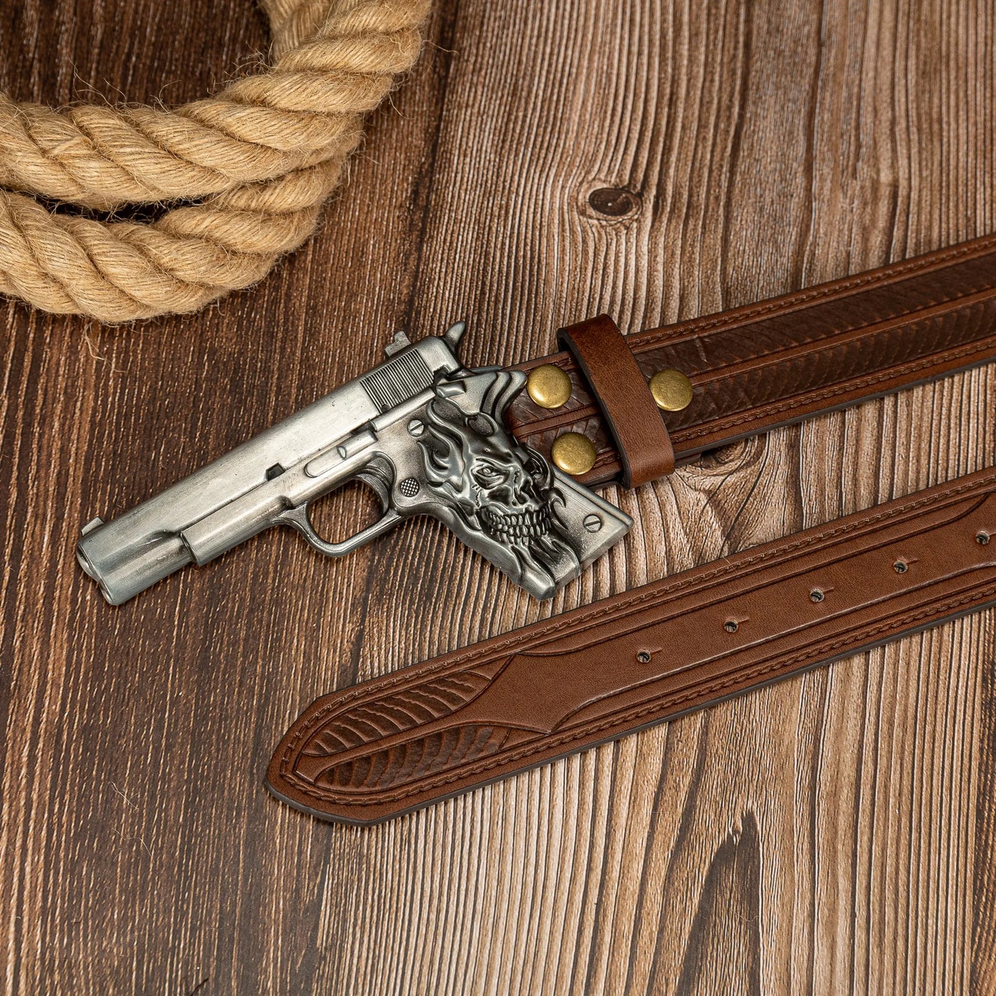 The ghost head element pistol craftsmanship large buckle striped PU embossed button personalized casual men's belt