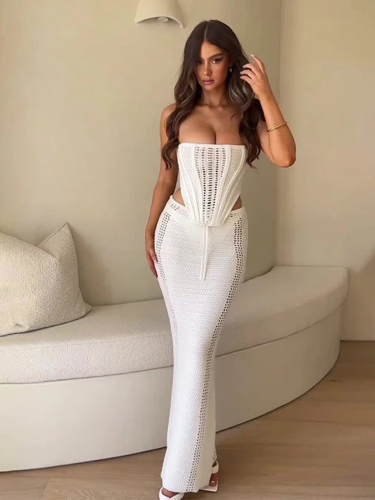 Knitted Beach Suit Women Sexy Backless Long Skirt and Top Set Summer Lace-up 2 Pieces Skirt Set Bikini Cover ups 2024 Beachwear